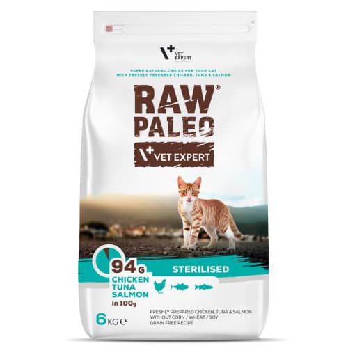 RAW PALEO CAT STERILISED sausā kaķu barība Vista, tuncis, lasis 6kg